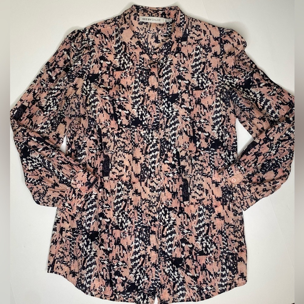 See by Chloe Silk Abstract Long Sleeve Button Down Blouse Sz 4